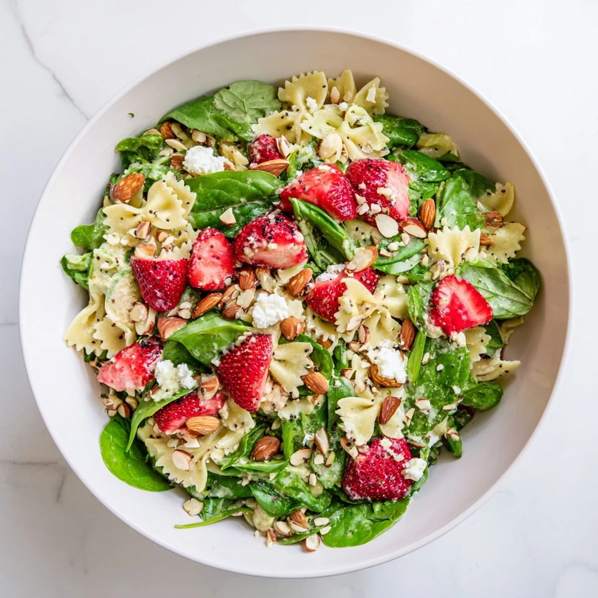 This vibrant Spring Spinach Strawberry Pasta Salad features bow-tie pasta tossed with fresh greens, juicy strawberries, and crunchy toasted almonds.