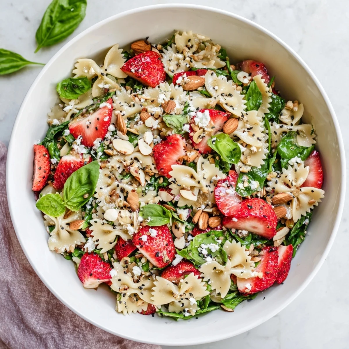 A refreshing serving of Spring Spinach Strawberry Pasta Salad showcases tender pasta, baby spinach, and sliced strawberries drizzled with creamy poppy seed dressing.