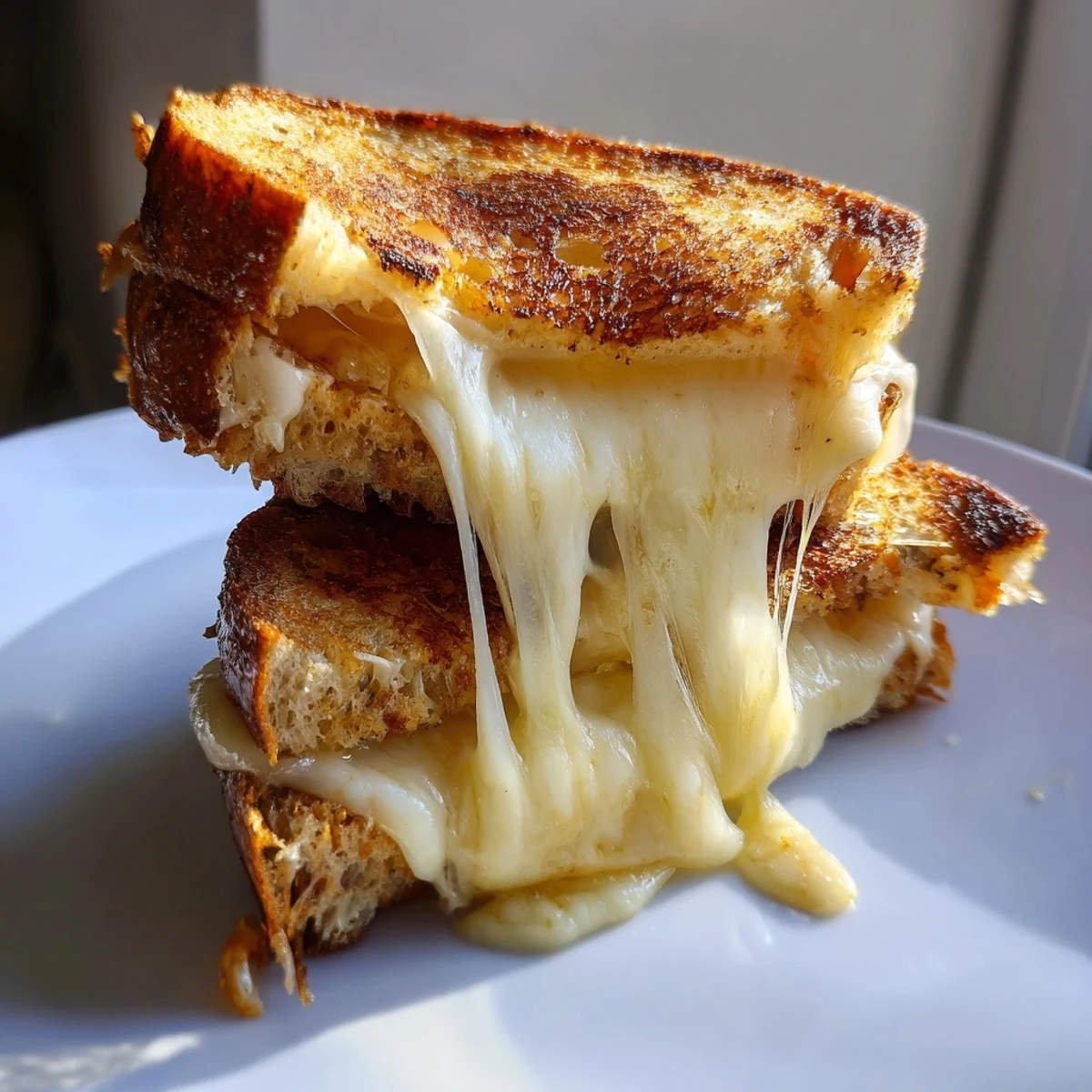 Crispy, buttery sourdough bread holds a gooey, melted mixture of three cheeses in this ultimate Triple Cheese Sourdough Grilled Cheese, perfect for a comforting lunch.