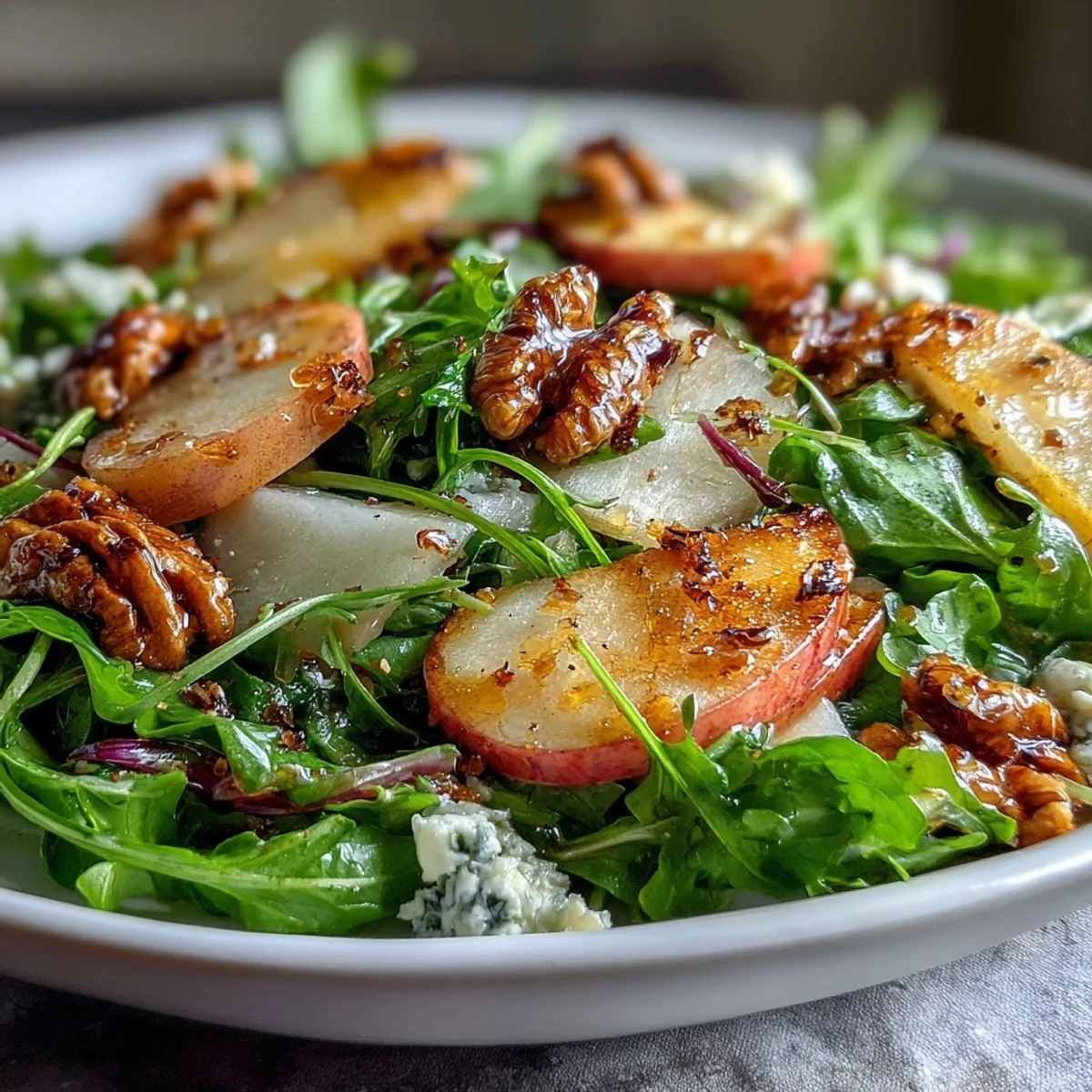 Crisp Honeycrisp apple slices and crunchy walnuts rest on mixed greens, drizzled with tangy apple cider vinaigrette.