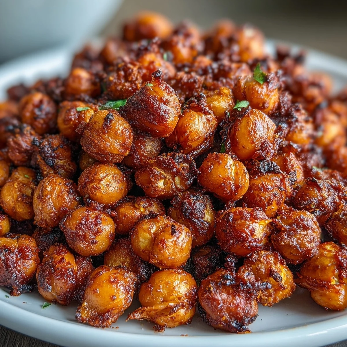 Freshly baked crispy chickpeas on a baking sheet, seasoned with garlic and cayenne pepper.