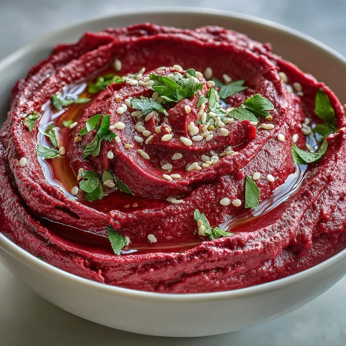 Earthy roasted beet hummus, a gorgeous, flavorful appetizer, topped with olive oil.