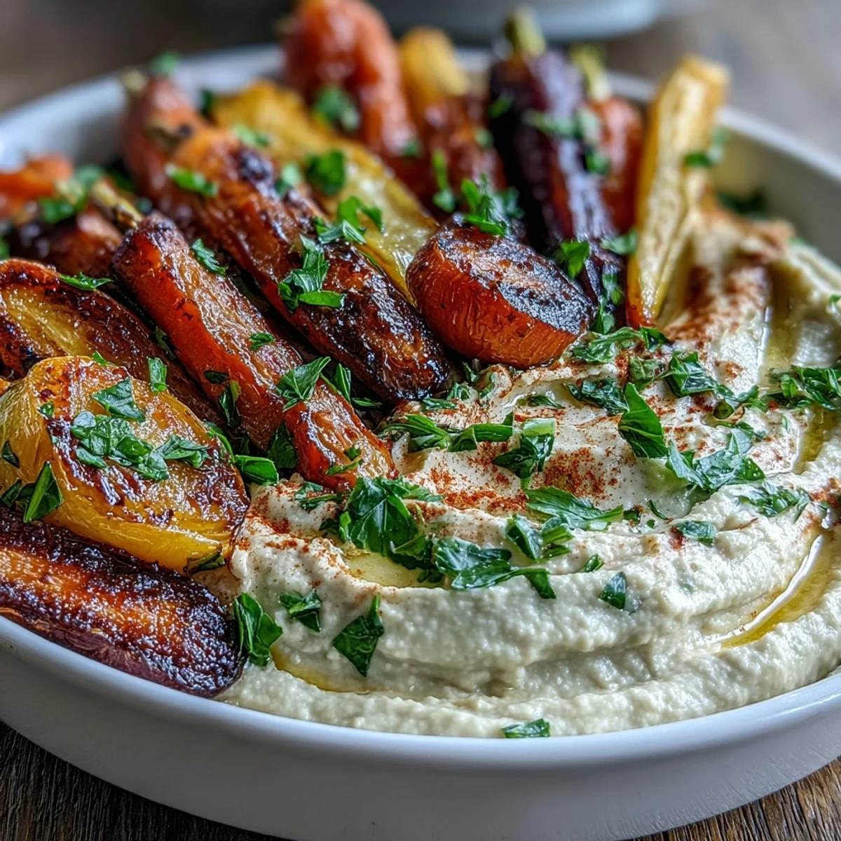 Oven-roasted rainbow carrots with creamy hummus, a vibrant healthy Mediterranean appetizer.