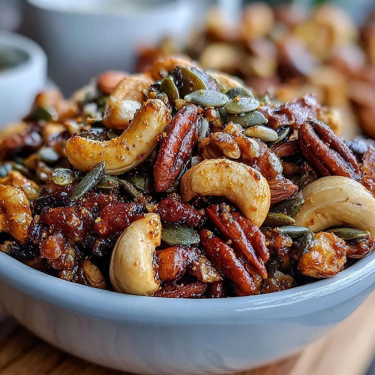 Healthy homemade Spiced Nuts and Seeds Mix in a glass jar, perfect for on-the-go snacking.