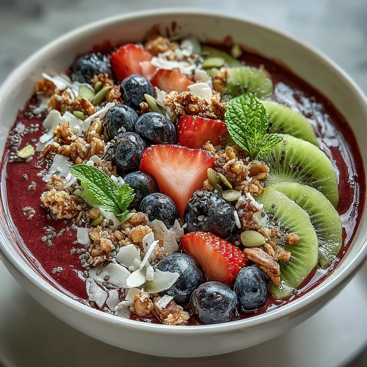 Vivid purple smoothie base with beet and berries, garnished with kiwi, seeds, and mint, ready to enjoy.