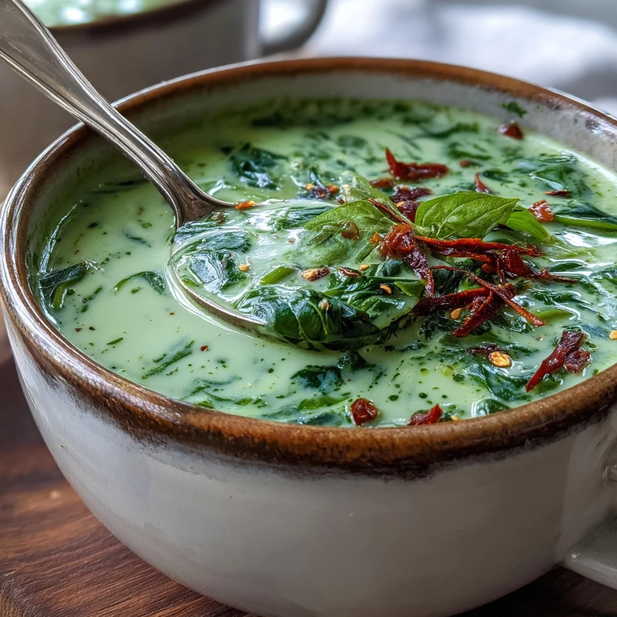 Creamy Spinach Coriander Lemongrass Soup garnished with cilantro and red chili.