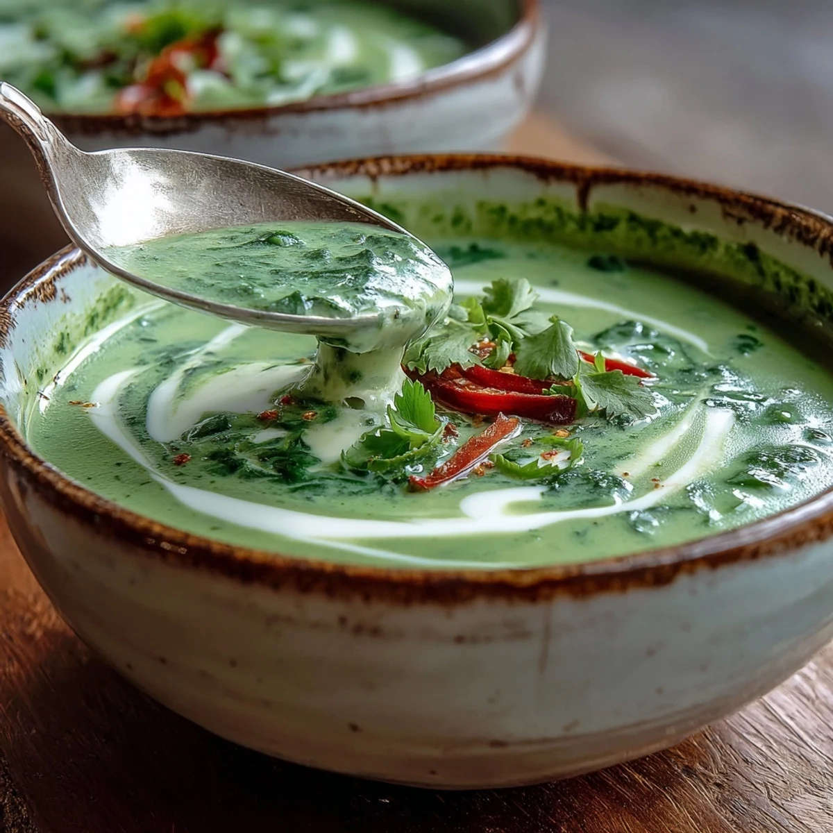 Steaming bowl of Spinach Coriander Lemongrass Soup with coconut milk and fresh herbs.