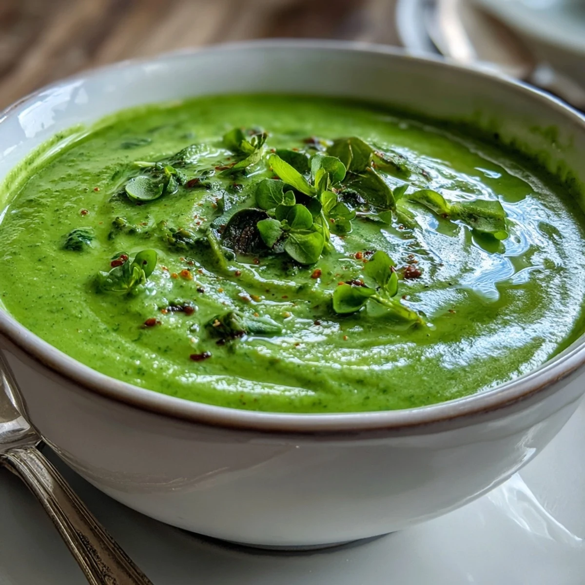 Creamy bright green Big Green Immunity-Boosting Vegetable Soup with broccoli and asparagus, served steaming in a white bowl, ready to enjoy.
