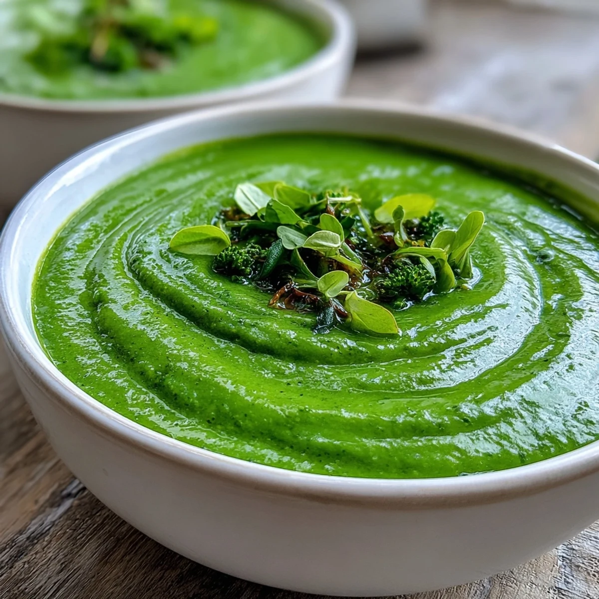 Freshly blended Big Green Immunity-Boosting Vegetable Soup in a rustic pot, next to crusty bread and lemon wedges for a cozy, healthy meal.