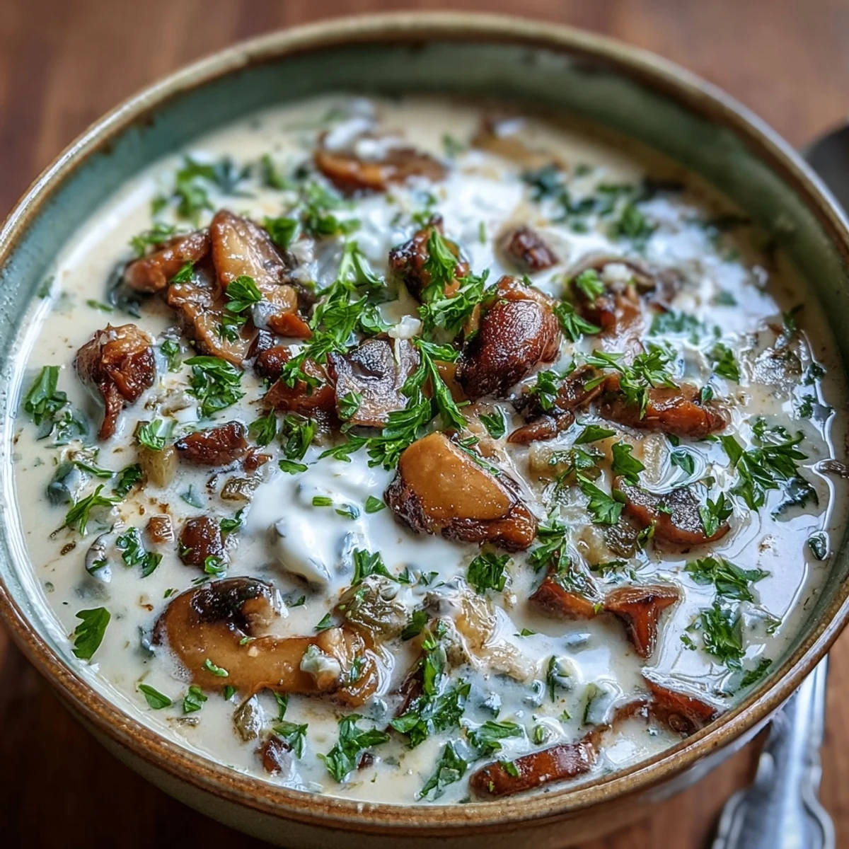 Creamy Mushroom Stroganoff Soup steaming in a rustic bowl, garnished with fresh parsley and a swirl of sour cream.