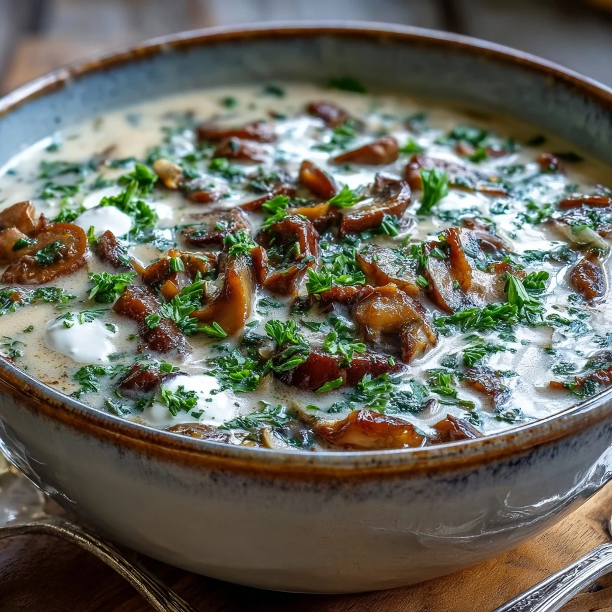 Close-up of Creamy Mushroom Stroganoff Soup revealing tender mushroom slices in a velvety, savory broth.