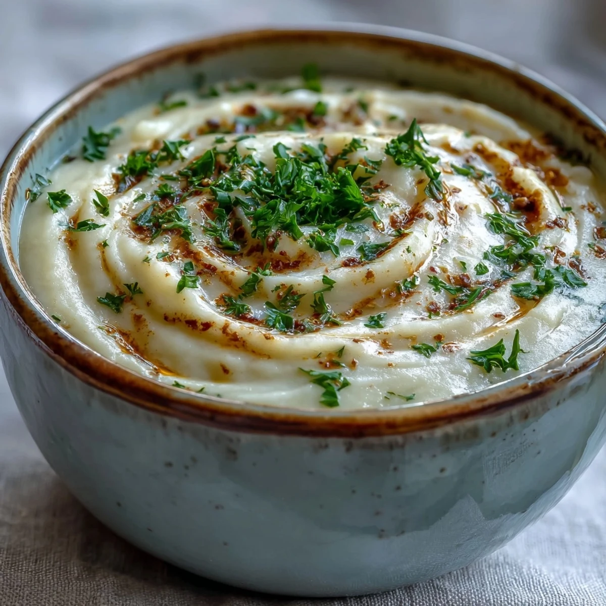 Creamy Vegetable Soup in a white bowl, garnished with fresh parsley and a swirl of cream, steaming warmly.