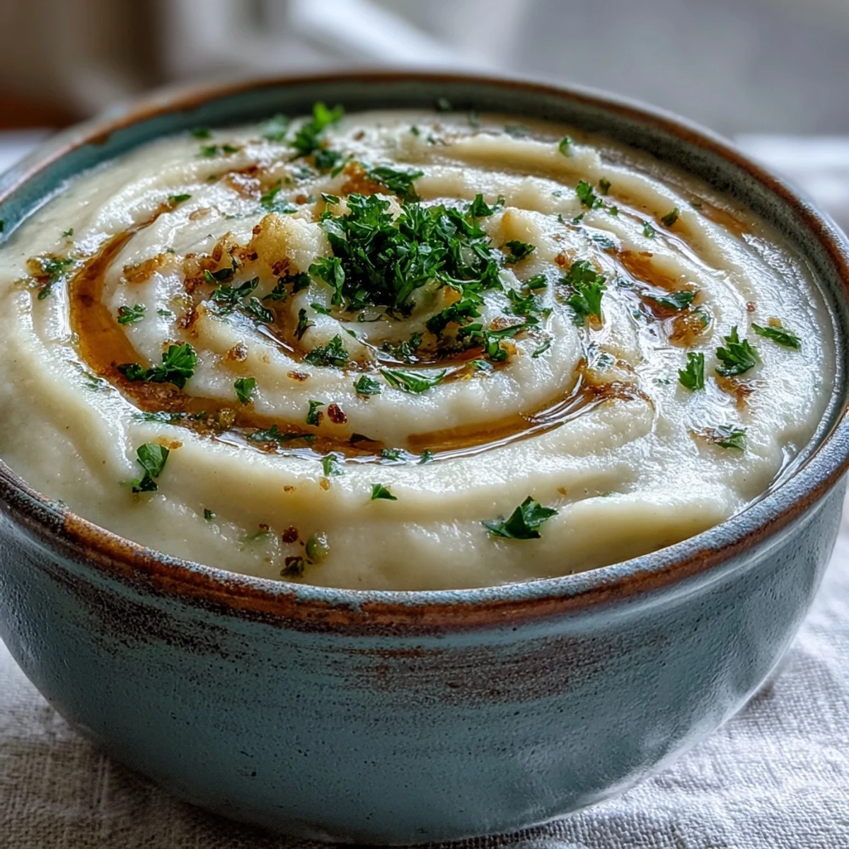 Velvety Creamy Vegetable Soup topped with parsley, showcasing smooth texture and vibrant vegetable colors in natural daylight.