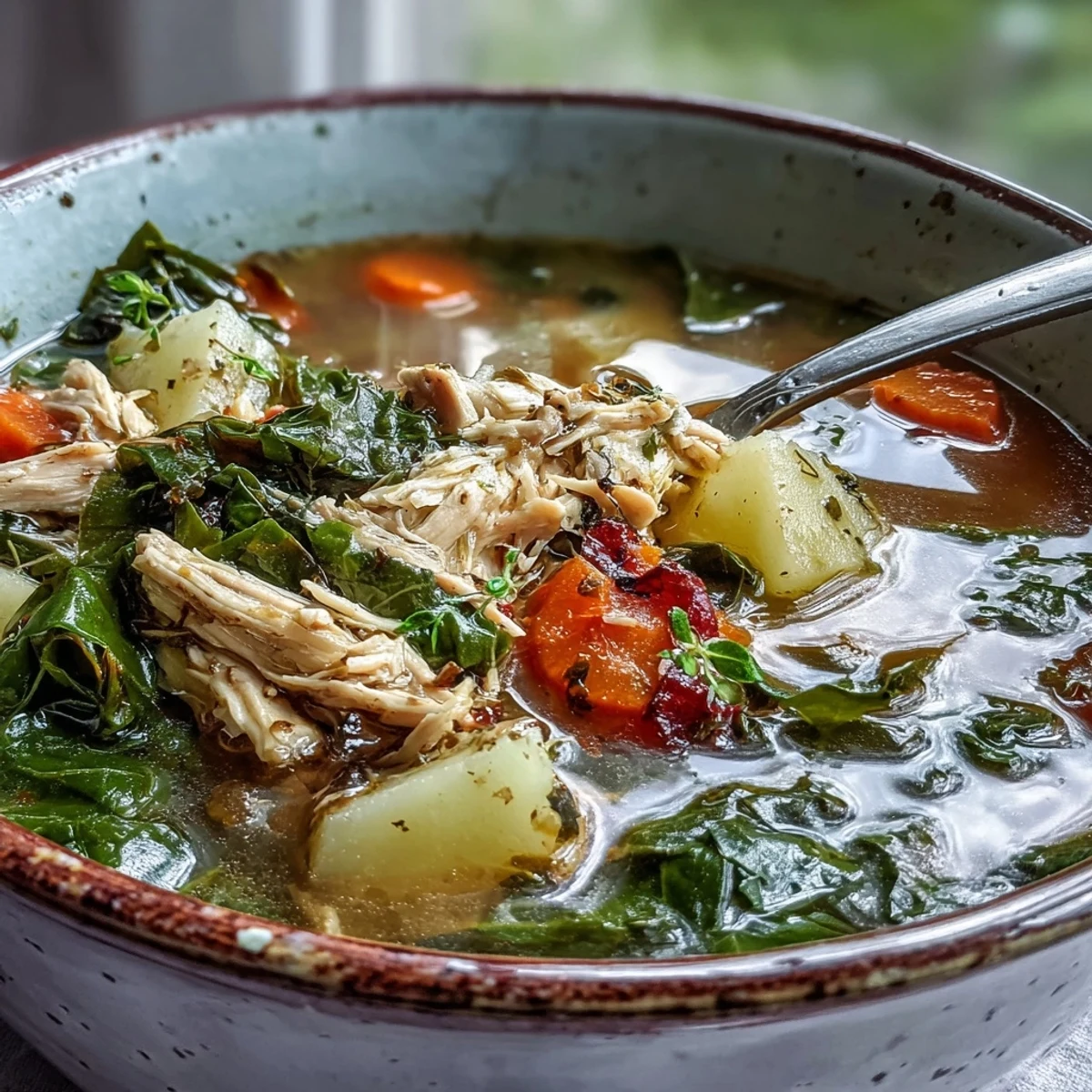 A close-up of Collard Greens, Chicken and Vegetable Soup, featuring tender shredded chicken and vibrant green collard leaves in a rich, savory broth.