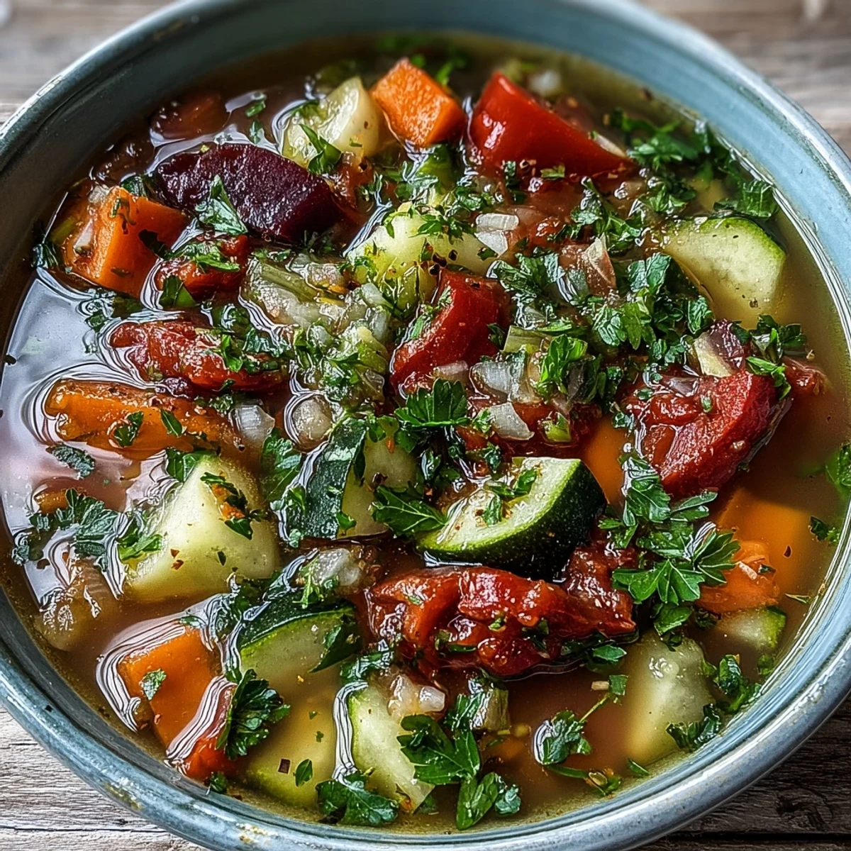 Bright, colorful Rainbow Vegetable Detox Soup steaming in a white bowl with fresh parsley garnish.