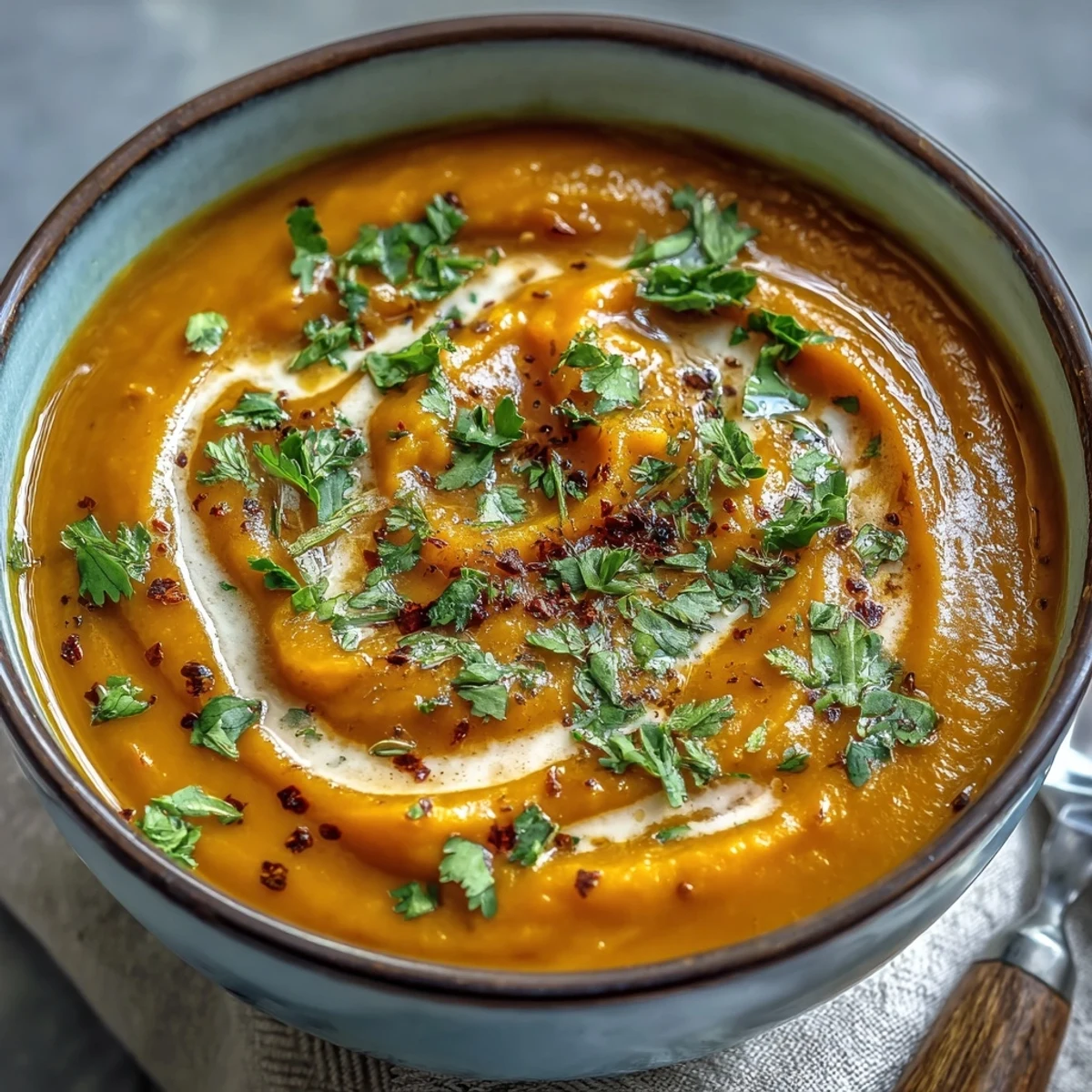 Creamy, golden Carrot, Celeriac and Chilli Soup is served hot in a rustic bowl, garnished with fresh herbs.