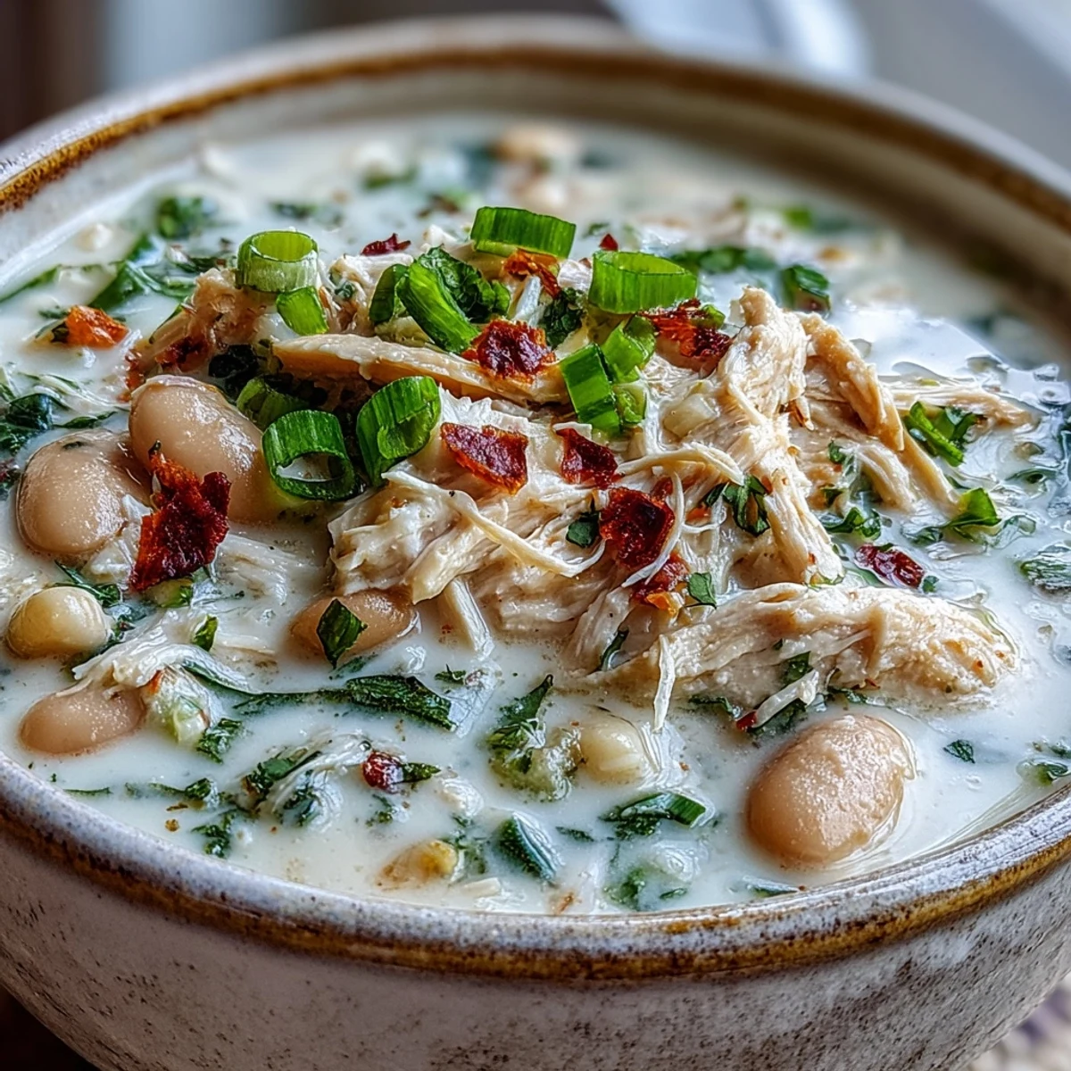 Creamy White Chicken Chili simmering with tender shredded chicken, white beans, and sweet corn in a savory broth.