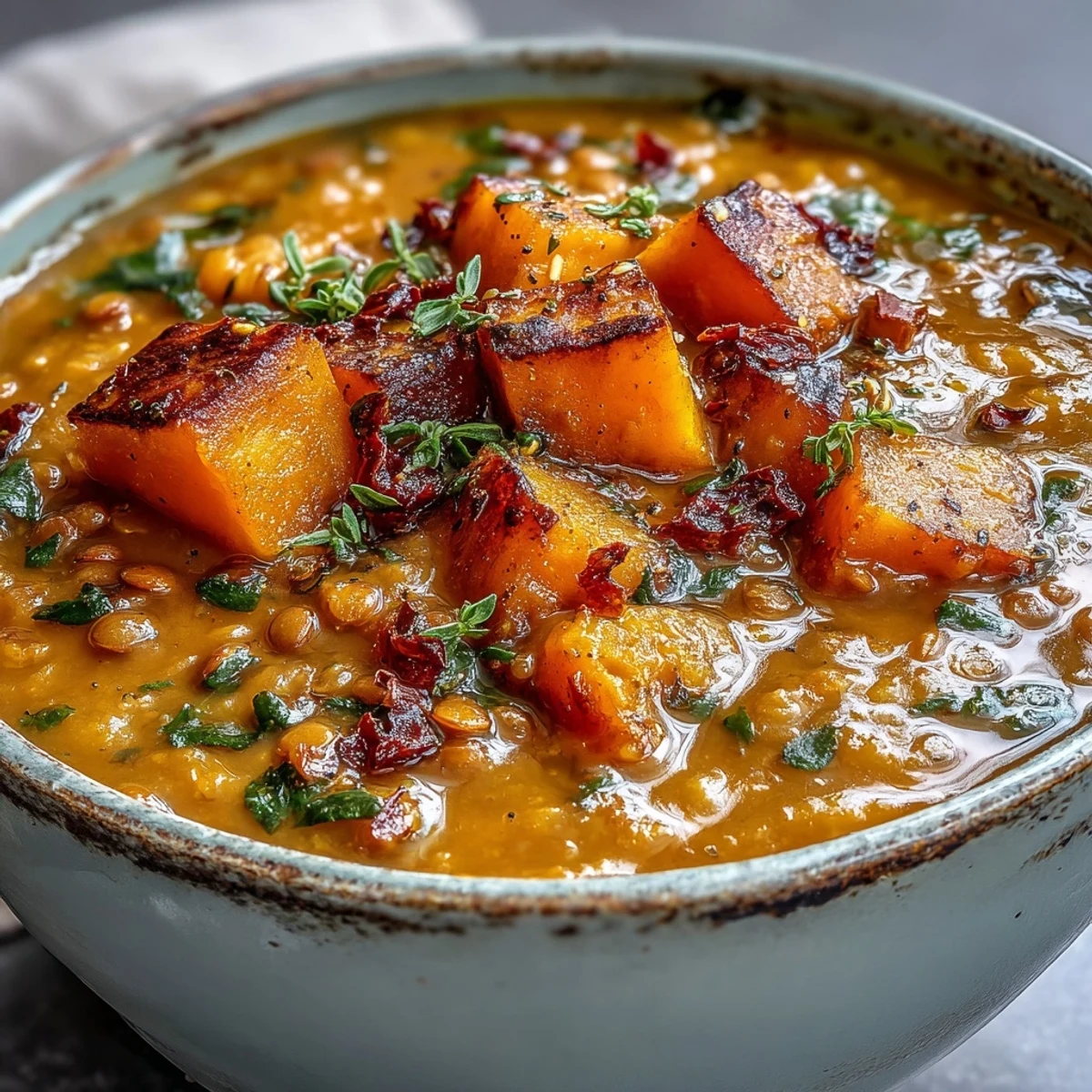 Golden-brown roasted butternut squash cubes for Butternut Squash and Lentil Soup, fresh from the oven on a baking sheet.