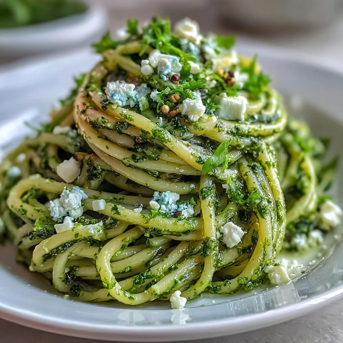 A close-up of Linguine with Arugula Pesto coated in a creamy, bright green sauce, garnished with extra arugula and Parmesan.