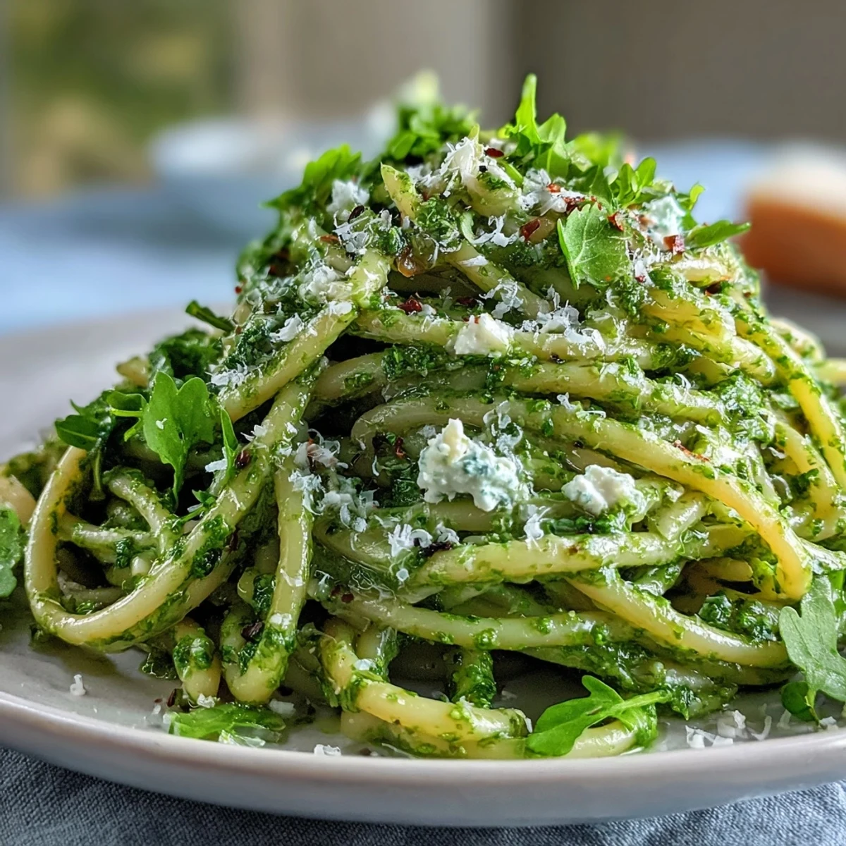 Heaping bowl of Linguine with Arugula Pesto, featuring al dente noodles and a vibrant, nut-free pesto, ready to be served.