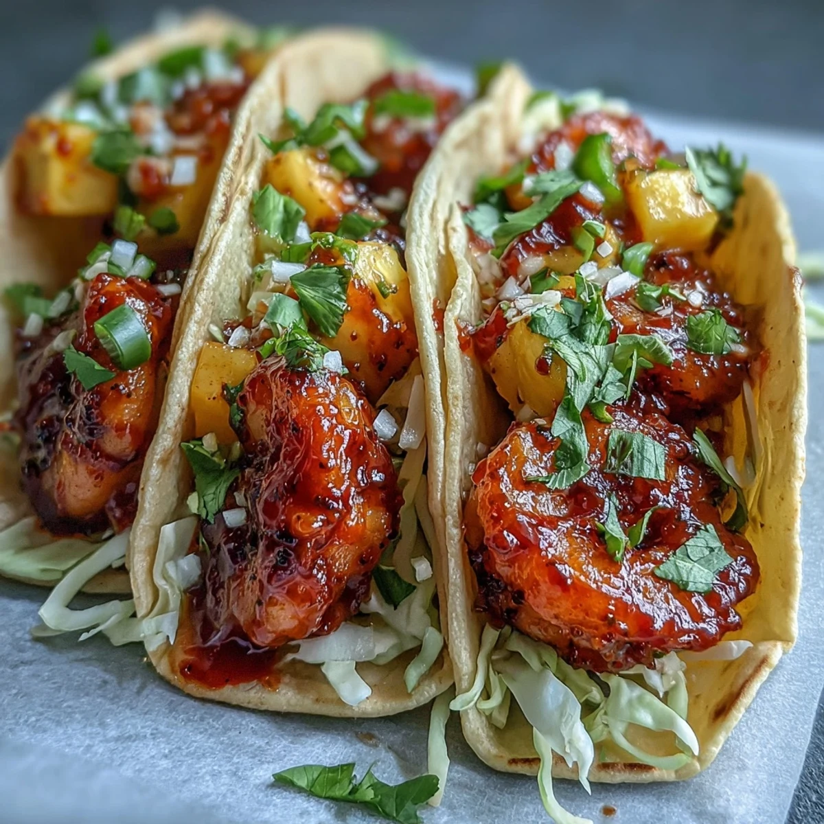 Golden-brown sriracha shrimp nestled in warm corn tortillas, topped with vibrant mango salsa and crisp shredded cabbage.  