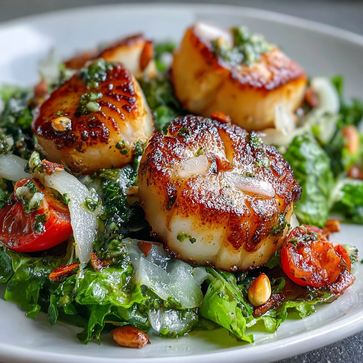 Freshly seared scallops, their edges caramelized, sit beside a vibrant escarole salad tossed in pesto vinaigrette.