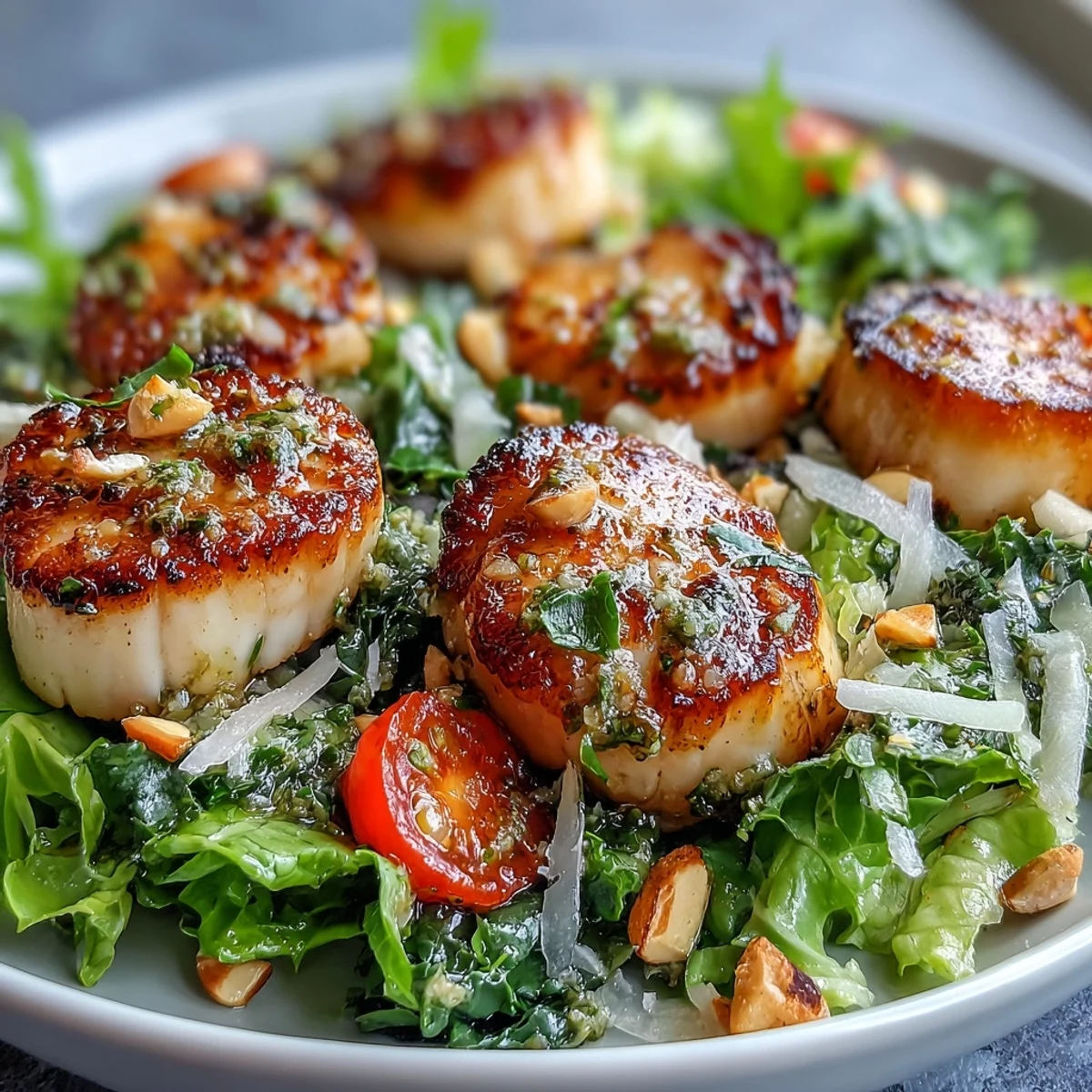 Plump, golden seared scallops rest atop a crisp escarole salad with cherry tomatoes and shaved Parmesan.