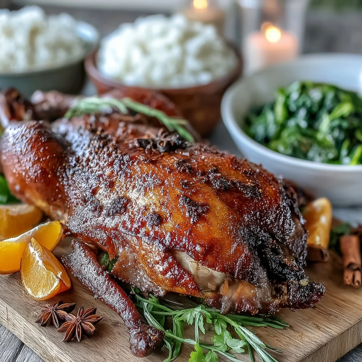 Golden-brown Five-Spice Roast Duck glistening with orange and honey glaze, carved for a romantic Valentine's dinner.  