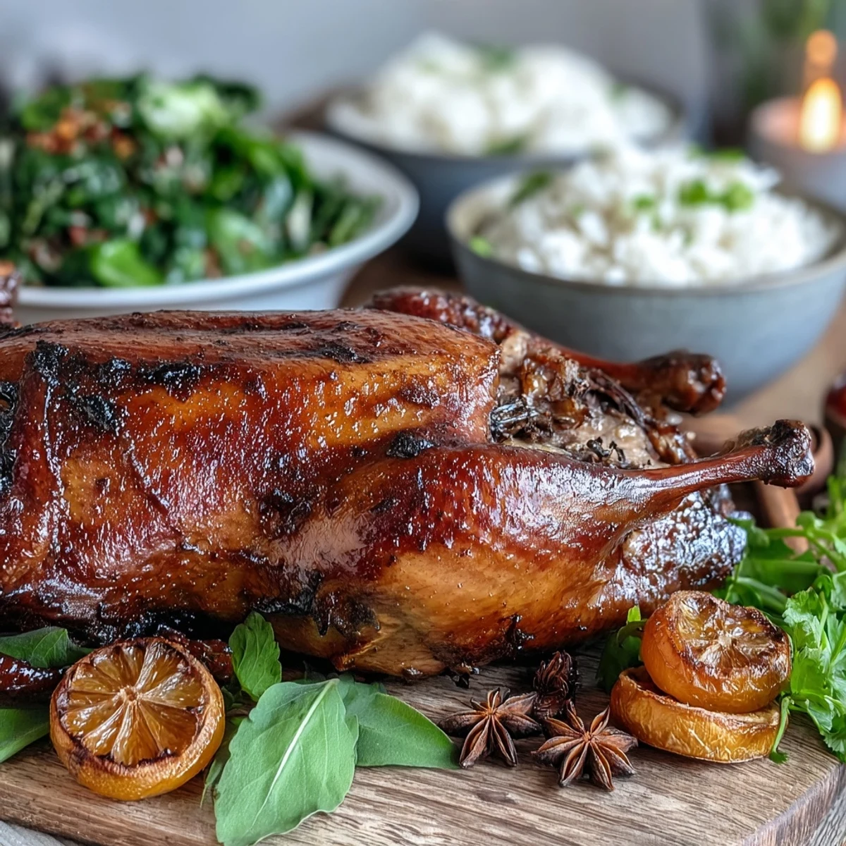 Crisp-skinned Five-Spice Roast Duck stuffed with star anise and orange, roasted to aromatic perfection in the oven.