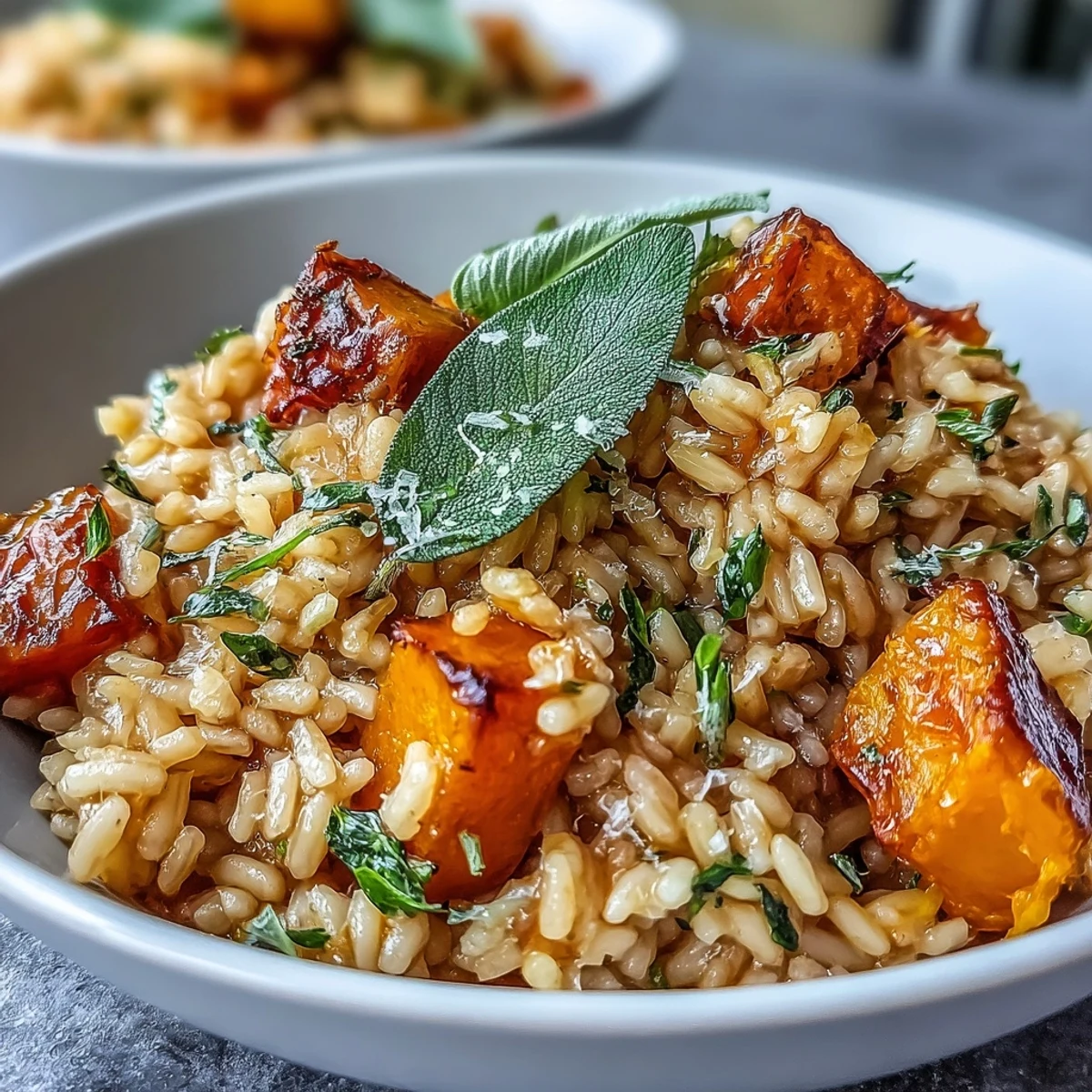 A close-up of creamy Vegan Pumpkin Risotto topped with crispy sage, roasted pumpkin cubes, and lemon zest, served in a rustic bowl.