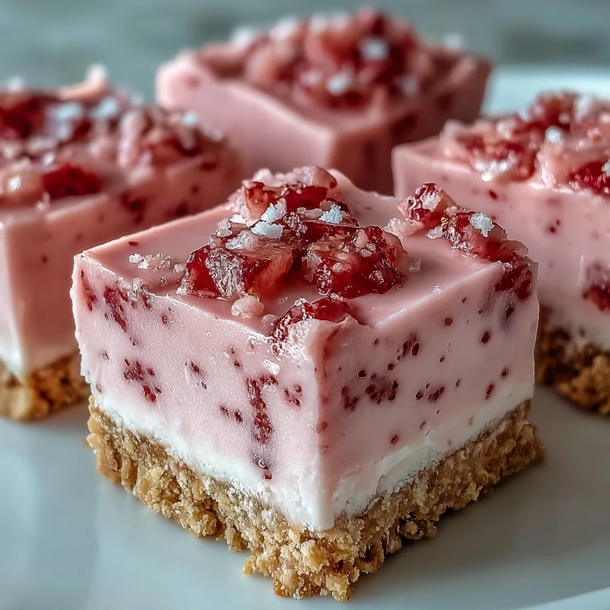 Prepared No-Bake Strawberry Fudge Squares stacked on a marble counter, perfect for a chilled summer dessert or holiday party tray.