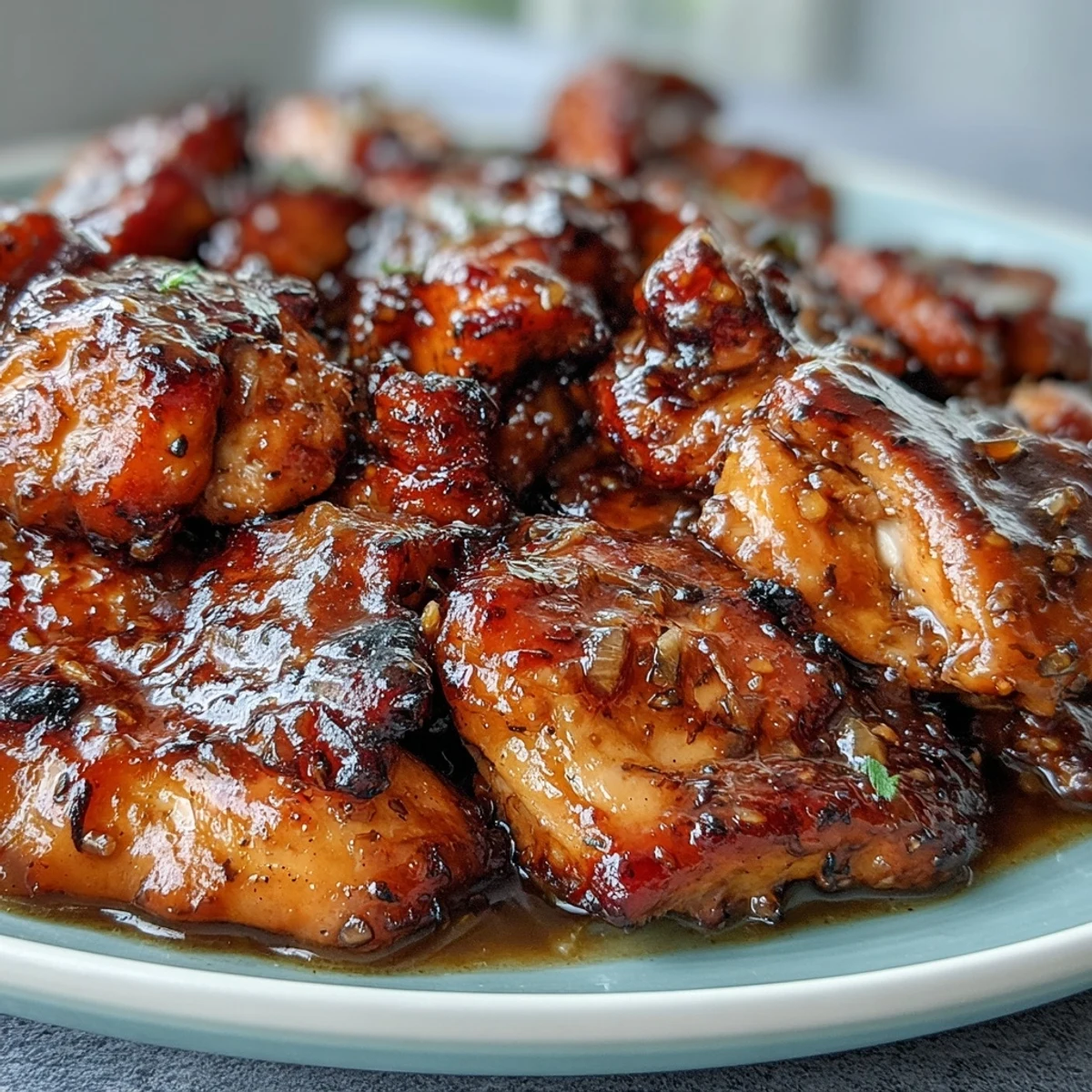 Four tender chicken breasts coated in a velvety Slow Cooker Honey Mustard Chicken sauce, bubbling in the slow cooker pot next to fresh garlic cloves.