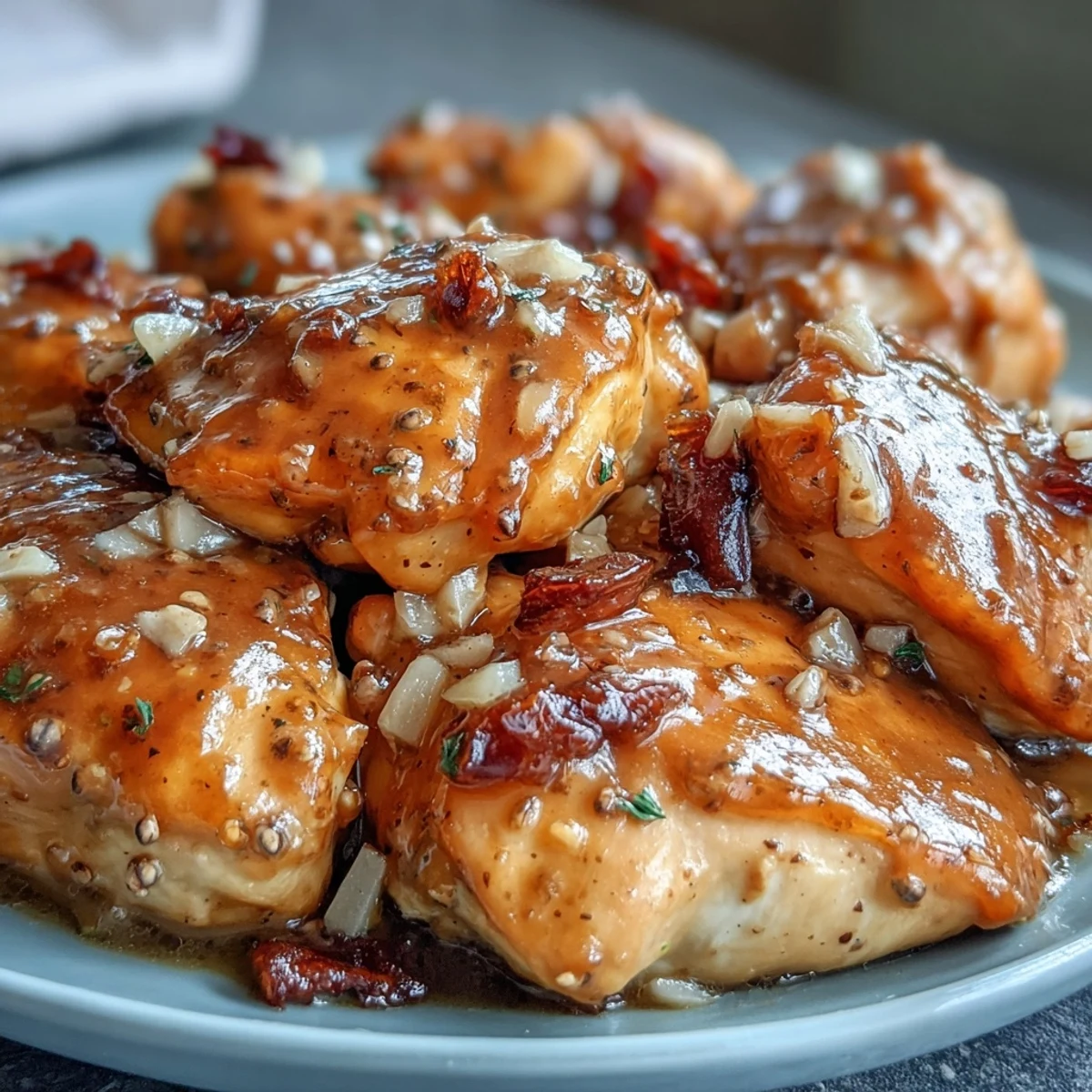 A fork easily shreds tender Slow Cooker Honey Mustard Chicken, drizzled with extra tangy sauce and served alongside creamy mashed potatoes and roasted green beans.
