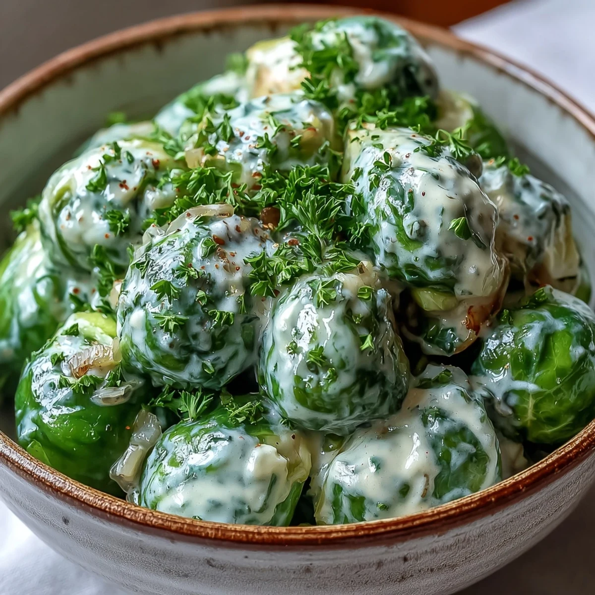 Tender Brussels sprouts in a rich, tangy mustard cream sauce, served hot as a side.