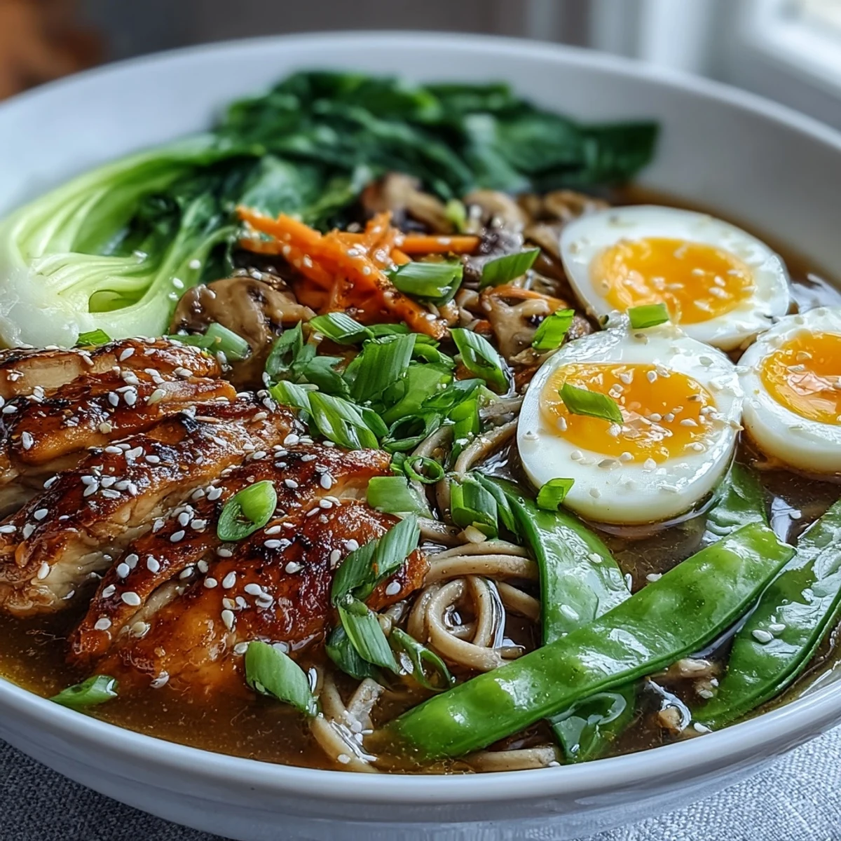 Steaming Healthy Miso Chicken Noodle Bowls feature sliced chicken and bok choy in a rich, savory broth.