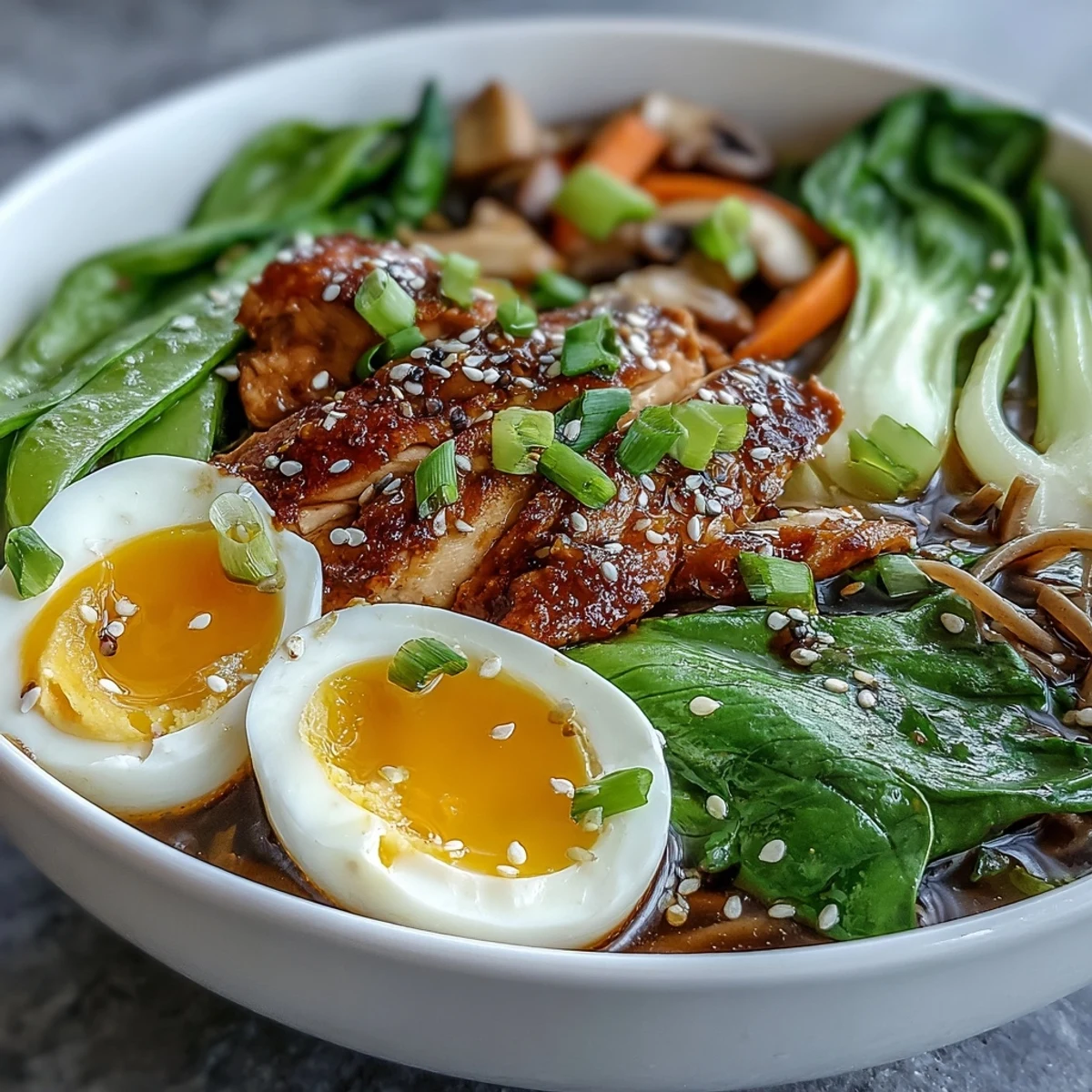 Two warm Healthy Miso Chicken Noodle Bowls topped with nori strips, chili oil, and vibrant vegetables for dinner.