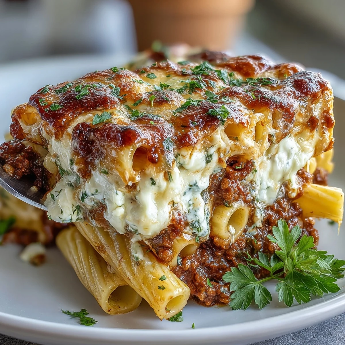 Steaming Cottage Cheese Protein Pasta Bake with Ground Beef in a casserole dish, featuring penne, beefy tomato sauce, and fresh parsley garnish.