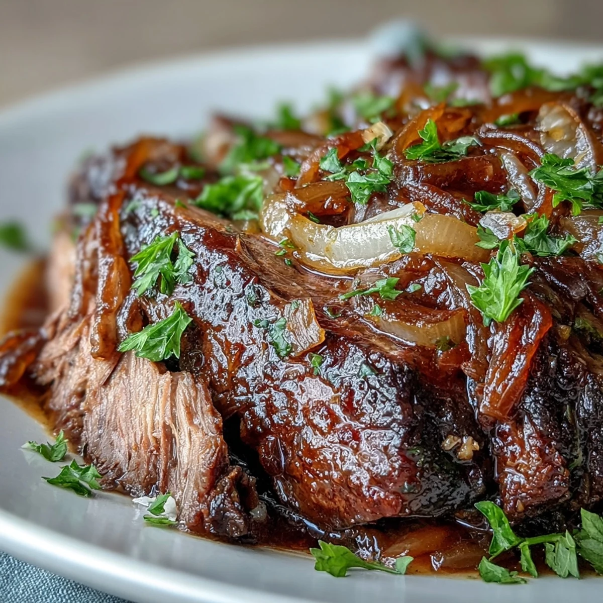 Savory Crock Pot French Onion Pot Roast topped with gooey Gruyere and fresh parsley served from the slow cooker.