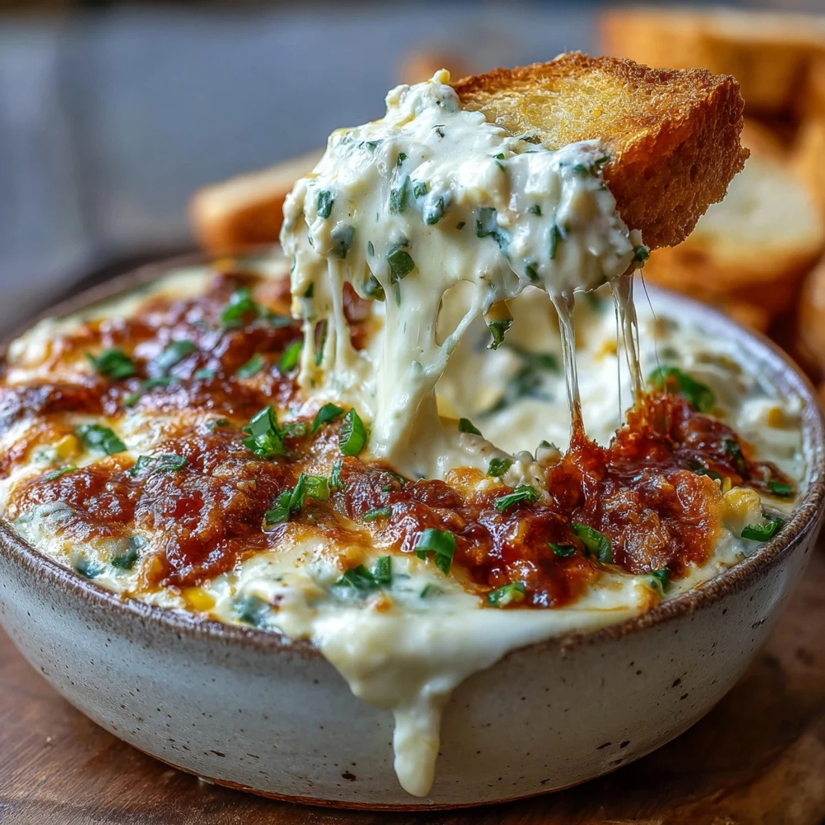 Golden baked Crack Corn Dip in a casserole dish, bubbling with melted cheddar and jalapeños, served with tortilla chips for dipping.