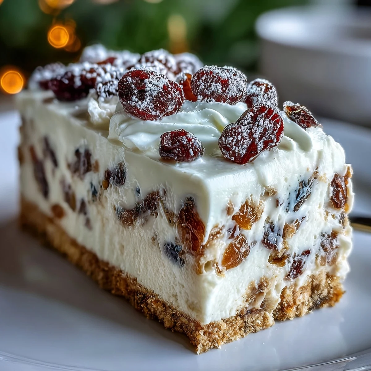 Christmas Cheesecake Slab with spiced cream cheese, dried fruits, whipped cream, and powdered sugar on a crunchy biscuit crust.