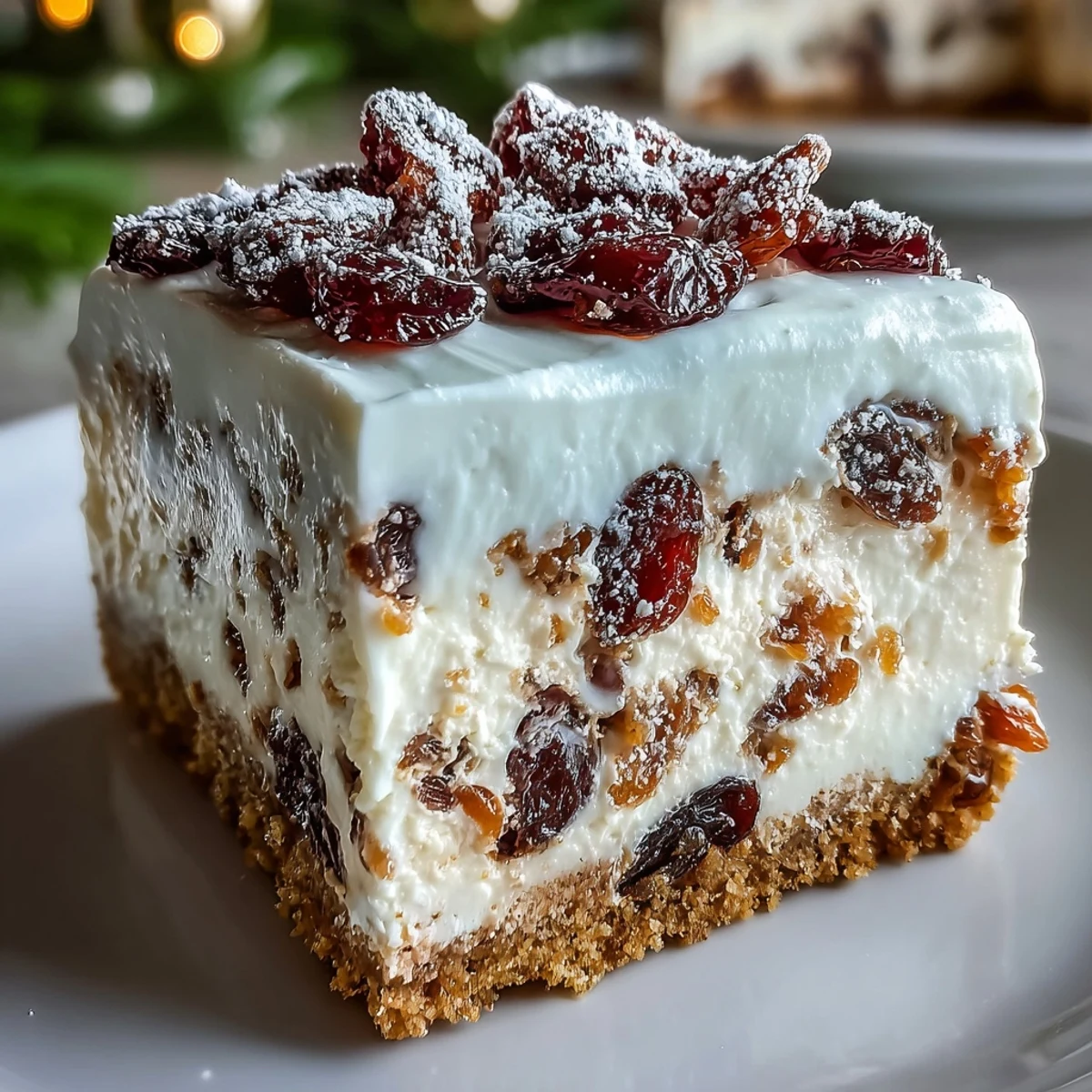 Spiced Christmas Cheesecake Slab with cinnamon and nutmeg, layered over a crunchy digestive biscuit base and dried fruit.