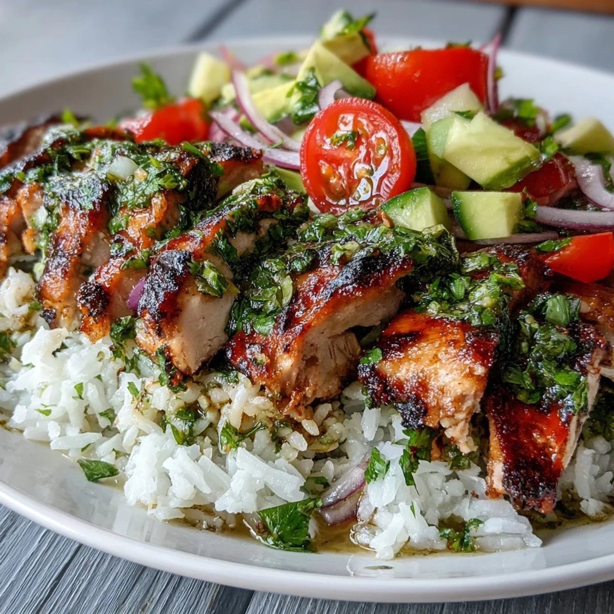 Sliced chimichurri chicken over rice, topped with avocado and cherry tomatoes.