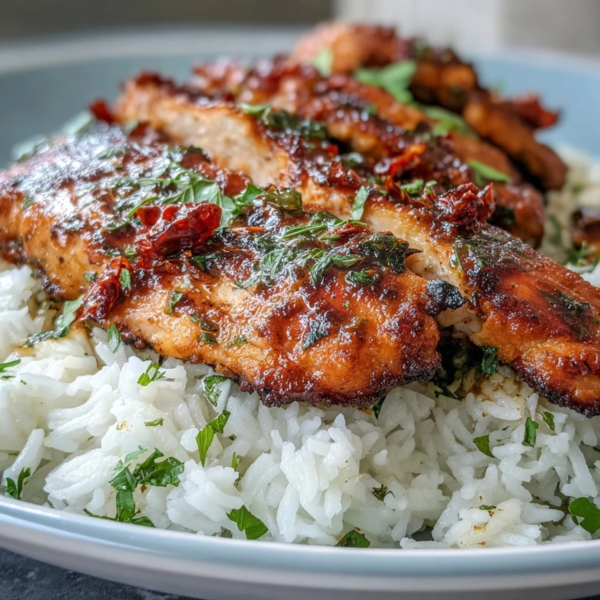 Hearty Sun-Dried Tomato Chicken Bowl, ready to enjoy with herbs and lemon.