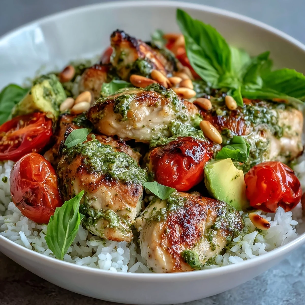 A beautifully assembled pesto chicken bowl, perfect for a healthy lunch or dinner.