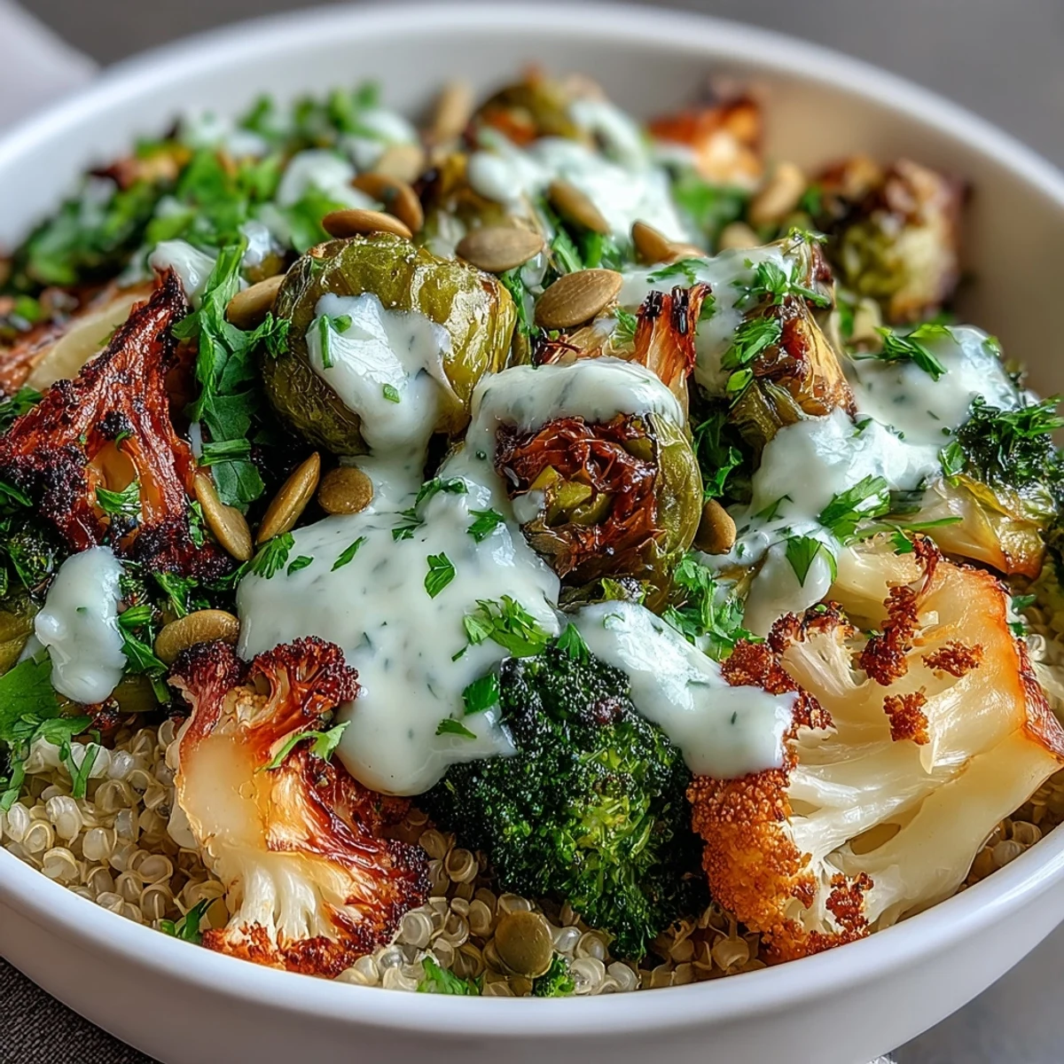 Roasted Brassica Bowl with golden broccoli, cauliflower, and Brussels sprouts served over fluffy quinoa.