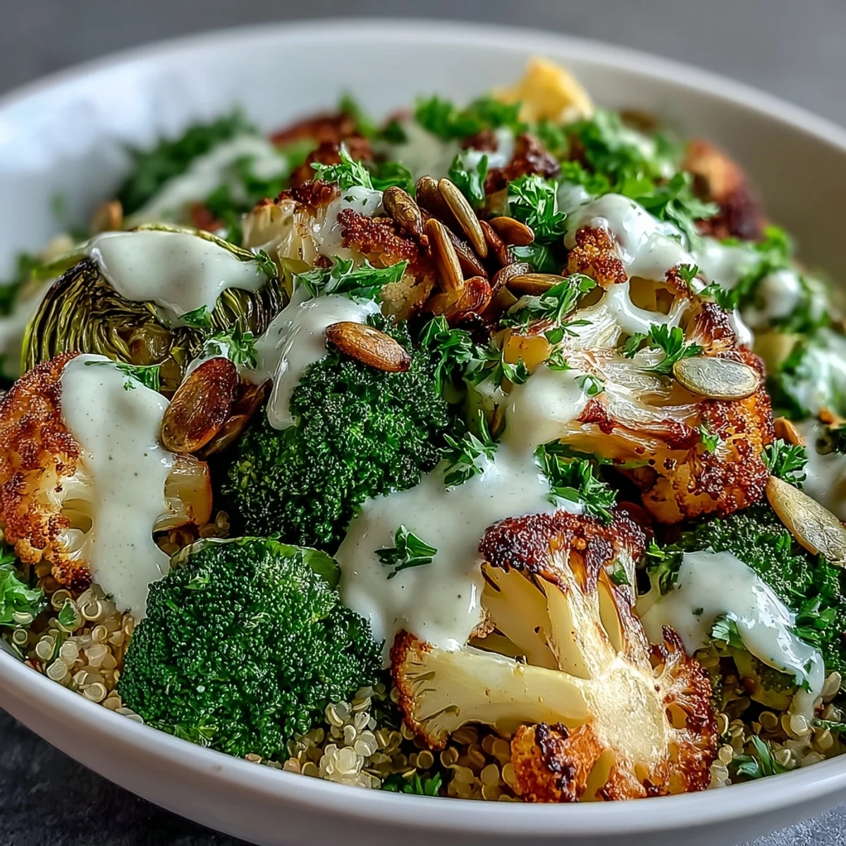 Zesty tahini-lemon dressing drizzled over a hearty Roasted Brassica Bowl garnished with parsley and pumpkin seeds.