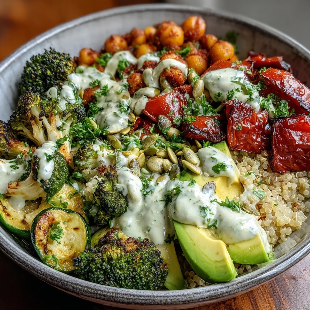 Colorful roasted vegetables and creamy avocado top a hearty bowl of grains and legumes, drizzled with tahini dressing and finished with crunchy pumpkin seeds for a wholesome, plant-based meal.