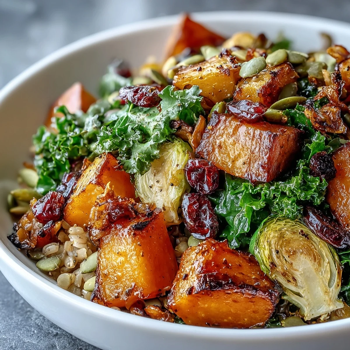 Fall Vegetable Bowl features roasted squash, Brussels sprouts, and kale atop warm farro, finished with pumpkin seeds.