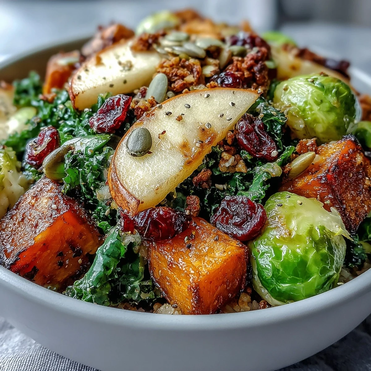 Autumn Harvest Bowl with roasted butternut squash, crispy Brussels sprouts, and tart apples, served warm with farro.