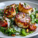 Freshly seared scallops, their edges caramelized, sit beside a vibrant escarole salad tossed in pesto vinaigrette.